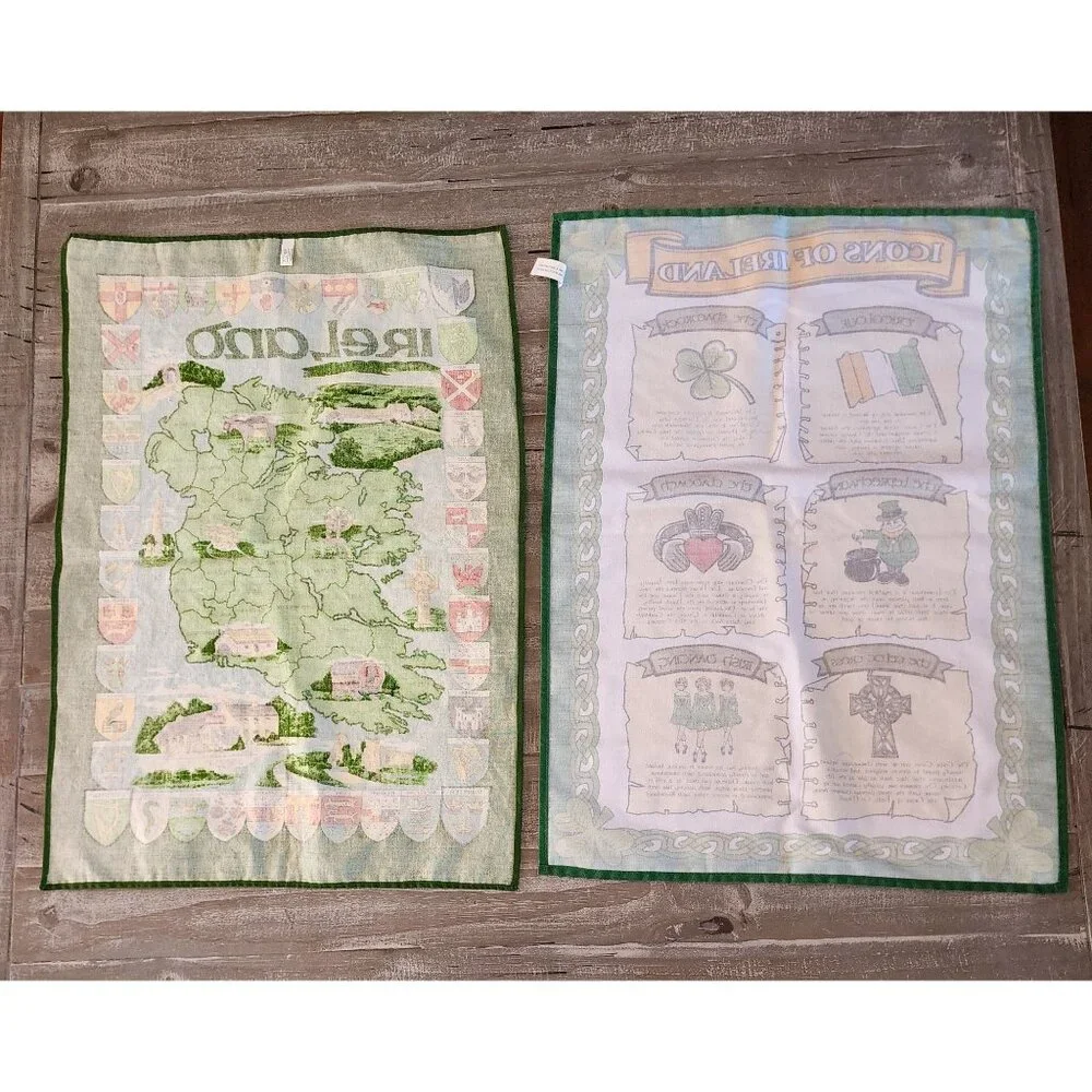 Irish Heritage Tea‎ Towels Set Of 2 With Map with Coat of Arms  & Icons Design